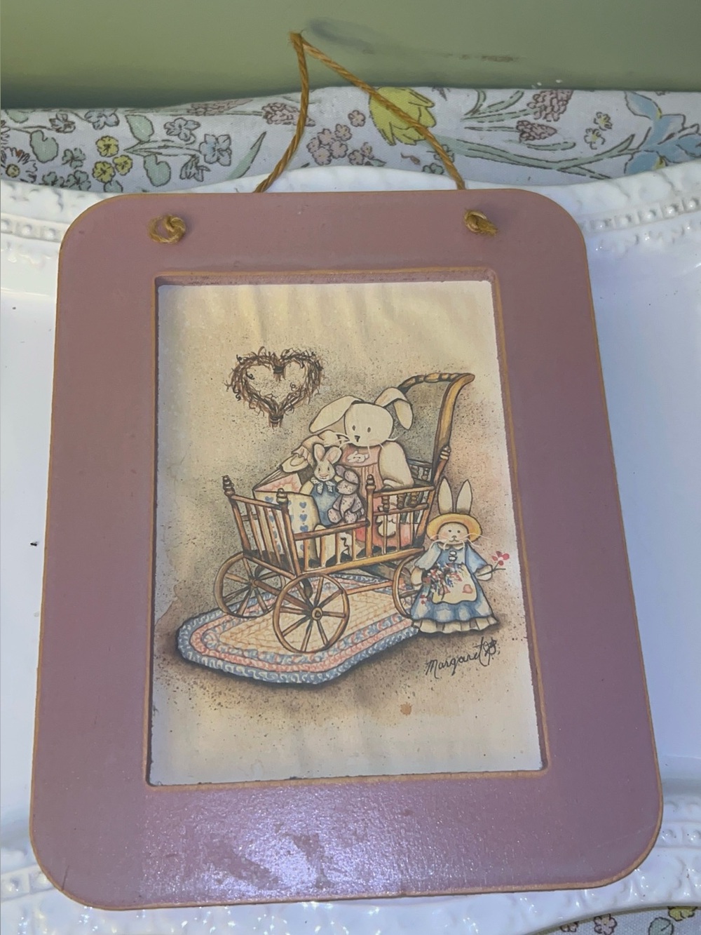Carousel Unlimited Vintage Country Bunny Art in Wooden Frame -Cottagecore
